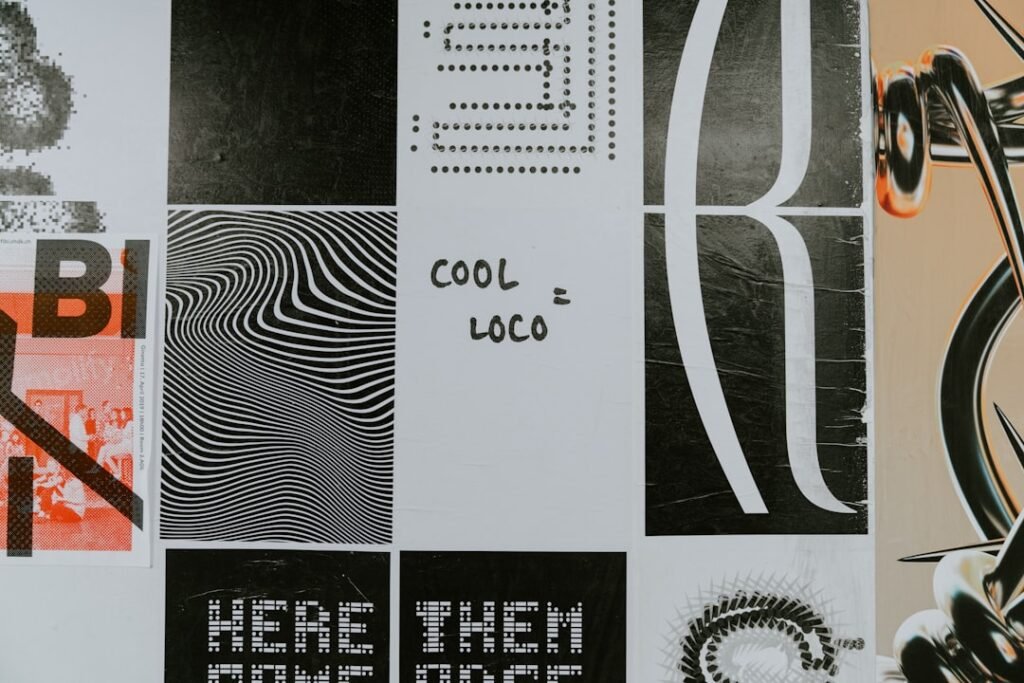 Wall of graphic design posters and visual references